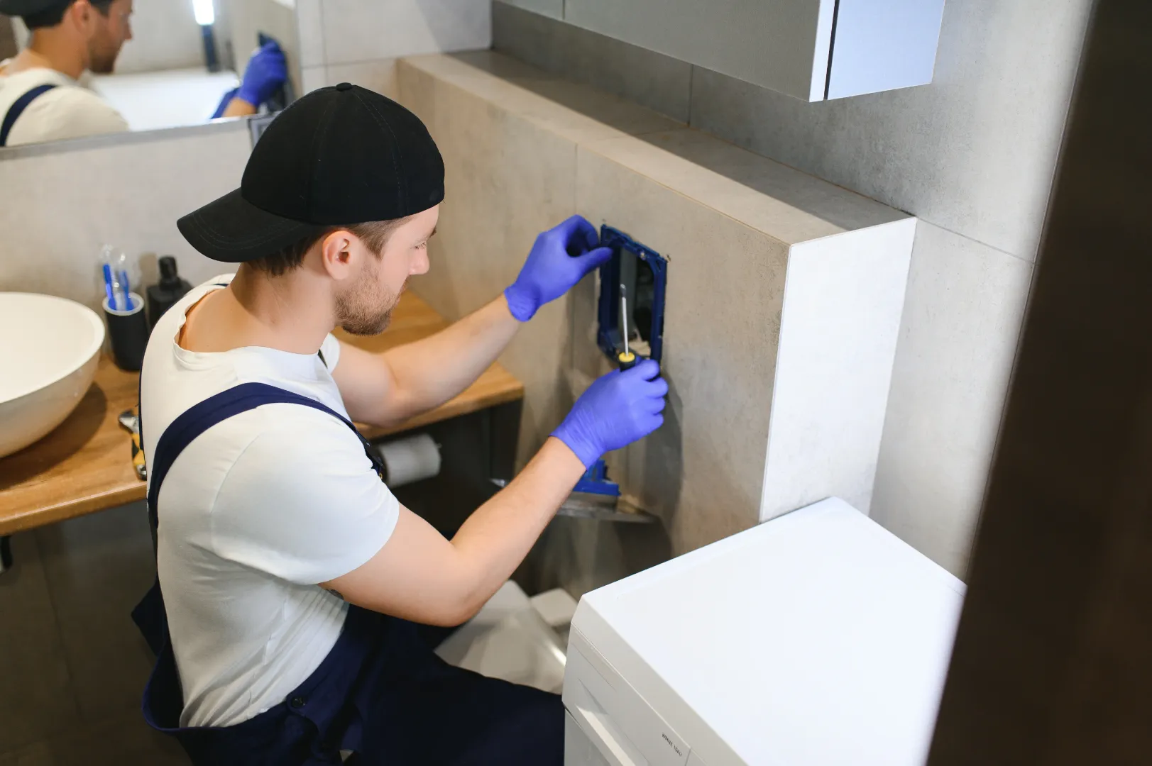 Professional cleaners completing post construction restroom cleaning